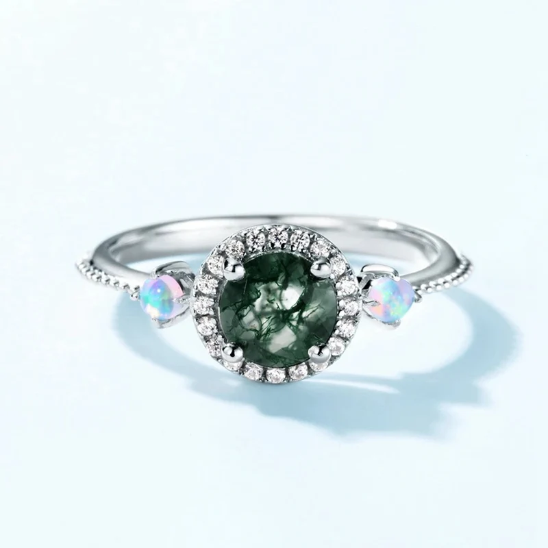 Moss agate and opal engagement ring sterling silver