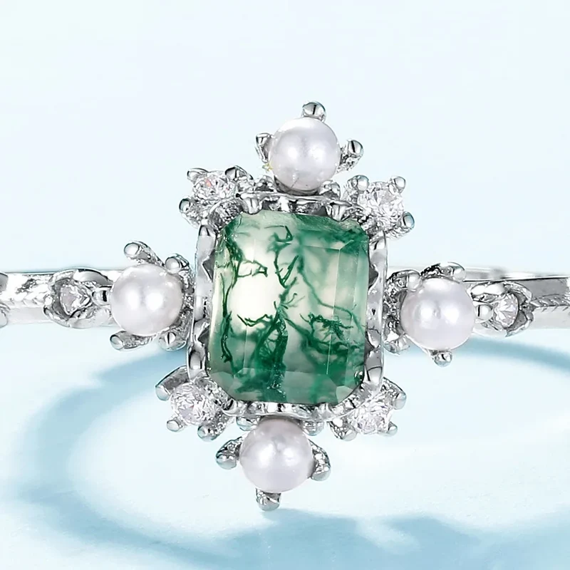 Moss agate and pearl ring natural green moss agate ring sterling silver