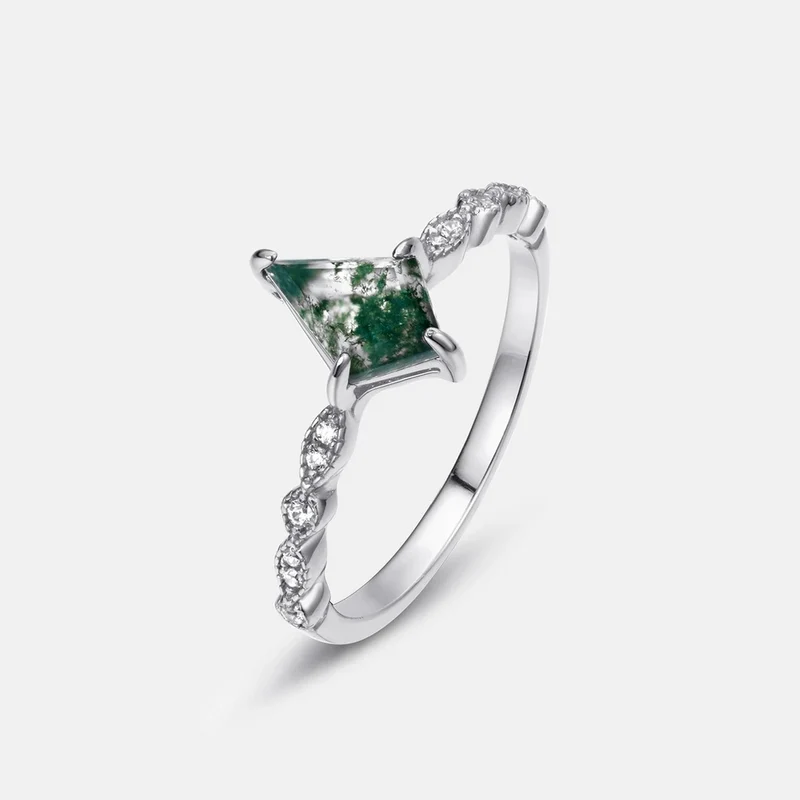 Dainty moss agate ring with a kite cut moss agate crystal sterling silver