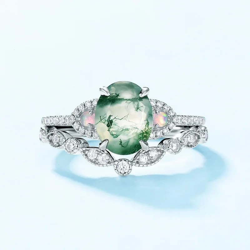 Moss agate and opal ring natural moss agate engagement ring and wedding band