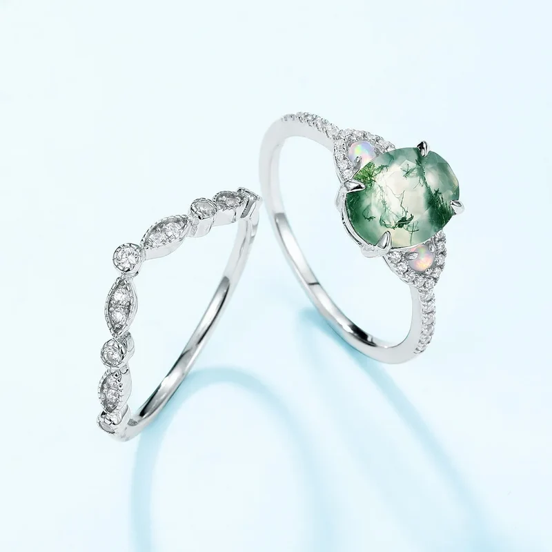 Moss agate and opal ring natural moss agate engagement ring and wedding band