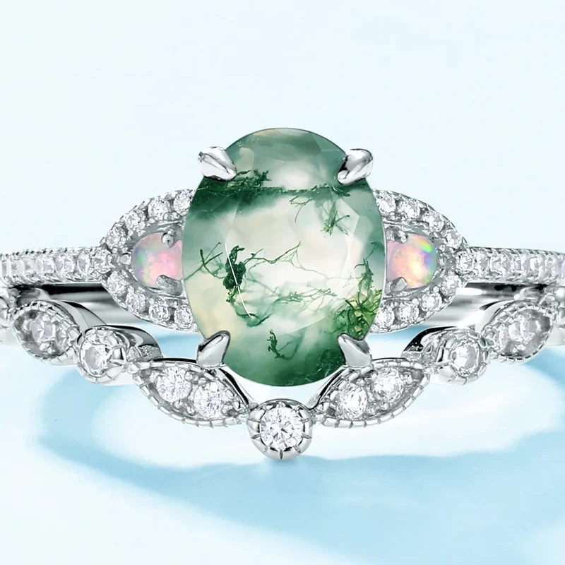 Moss agate and opal ring natural moss agate engagement ring and wedding band
