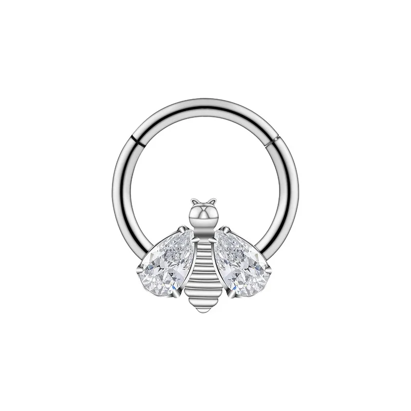 Bee septum ring bumble bee septum ring silver 16G titanium with CZ stones hinged segment clicker