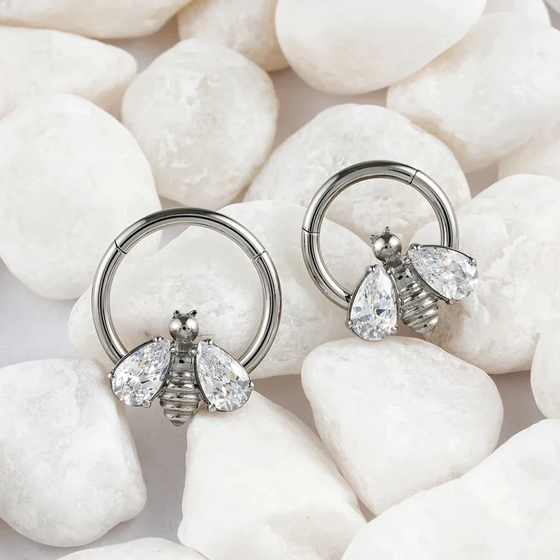 Bee septum ring bumble bee septum ring silver 16G titanium with CZ stones hinged segment clicker