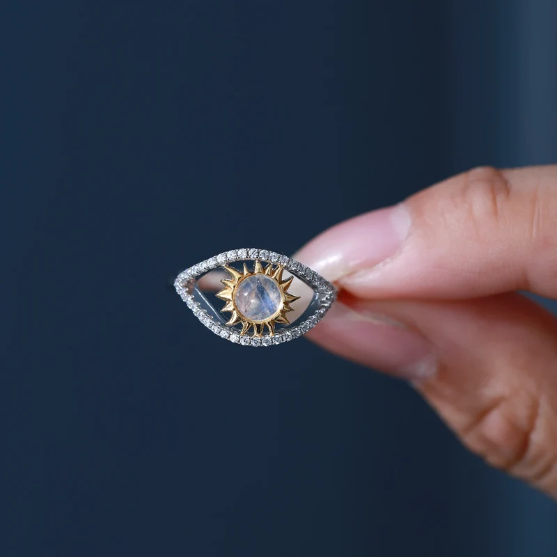Evil eye ring with a natural moonstone unique adjustable ring