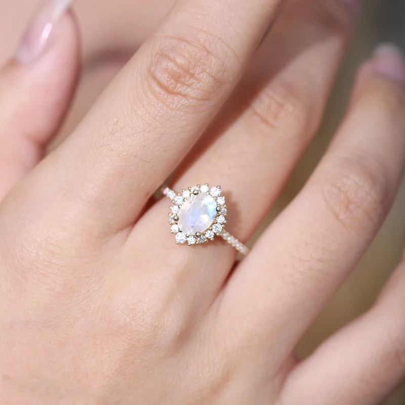 Gold moonstone ring with diamond cz and a real moonstone