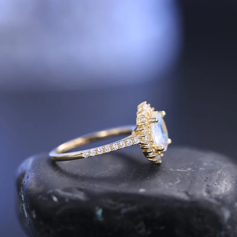 Gold moonstone ring with diamond cz and a real moonstone
