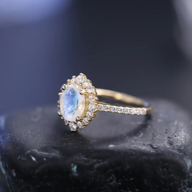 Gold moonstone ring with diamond cz and a real moonstone