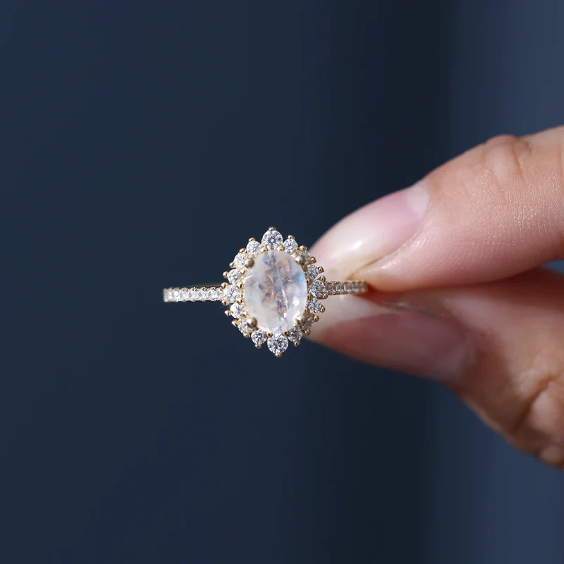 Gold moonstone ring with diamond cz and a real moonstone