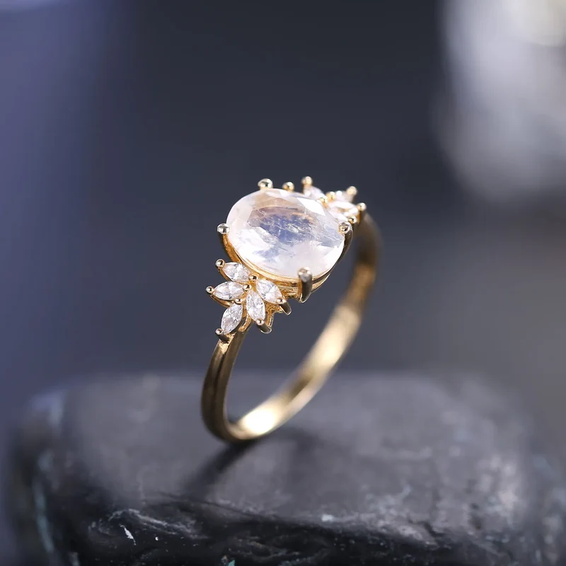 Moonstone wedding ring with a real moon stone and diamond cz