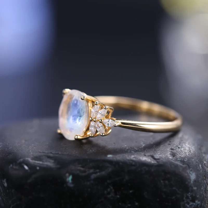 Moonstone wedding ring with a real moon stone and diamond cz