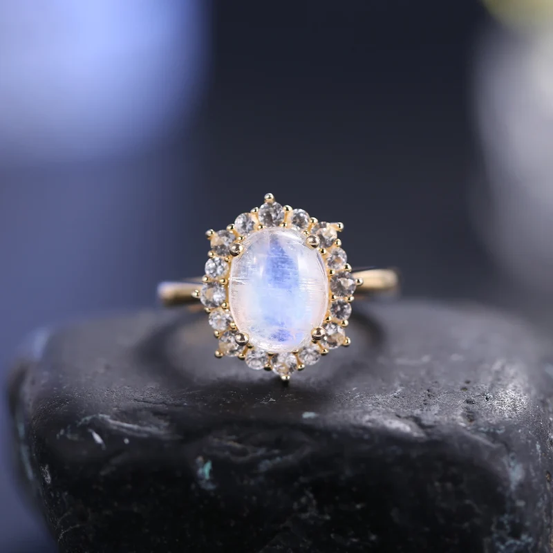 Moonstone engagement ring in gold and silver vintage style with diamond cz