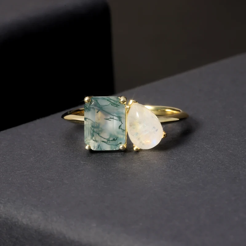 You and me ring with a natural green moss agate and a moonstone toi et moi ring