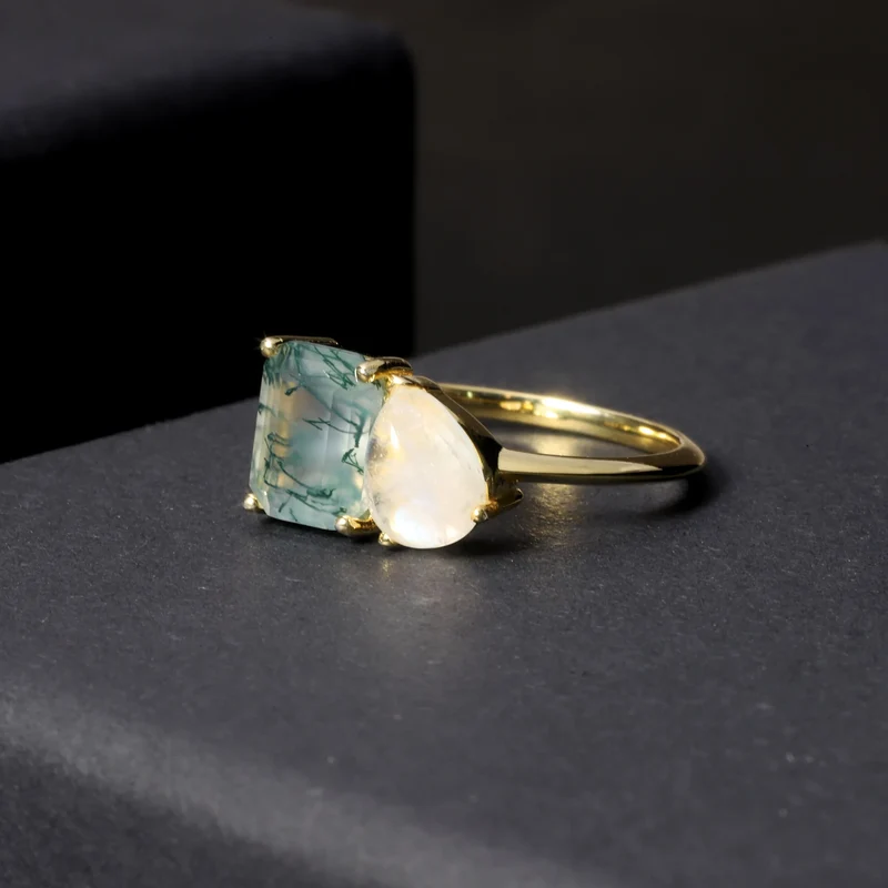 You and me ring with a natural green moss agate and a moonstone toi et moi ring
