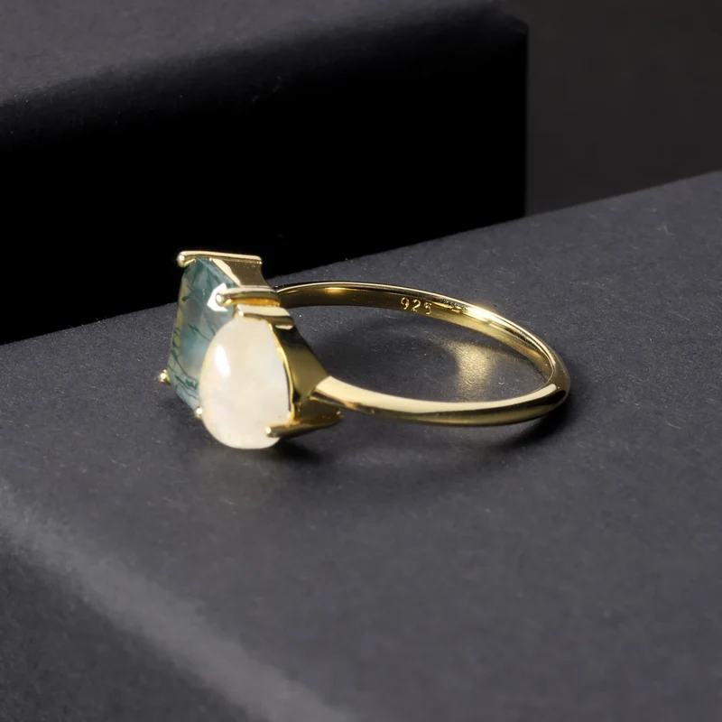 You and me ring with a natural green moss agate and a moonstone toi et moi ring