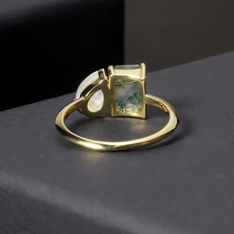 You and me ring with a natural green moss agate and a moonstone toi et moi ring
