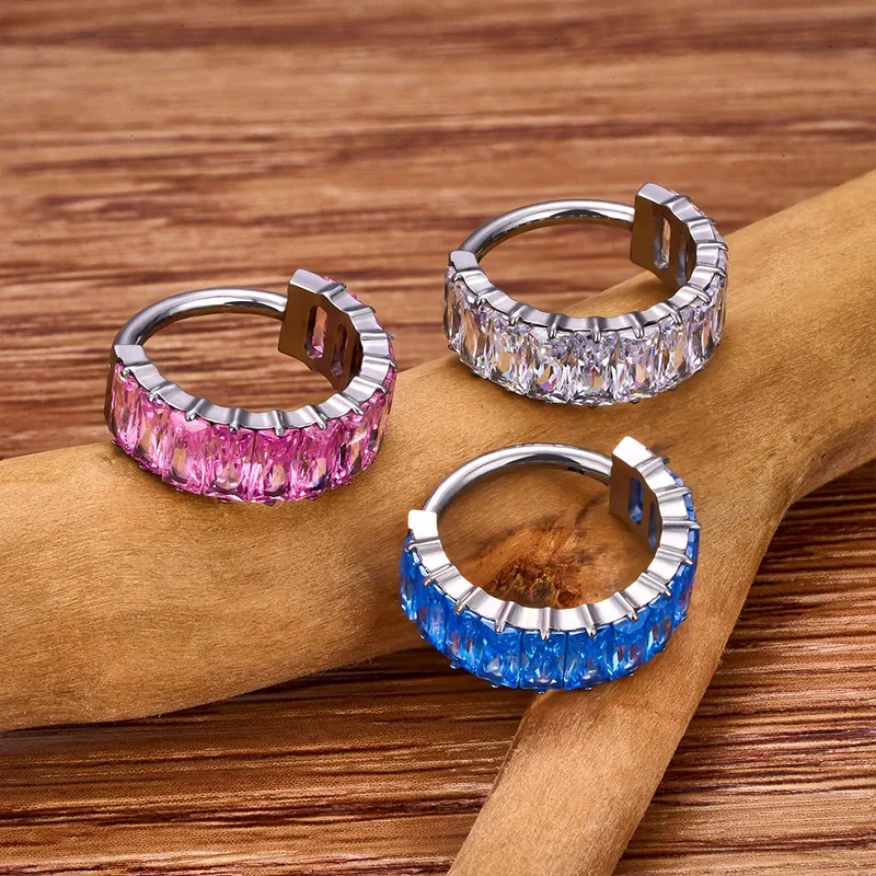 Helix piercing hoop with colorful diamonds cute and pretty titanium earring nose ring