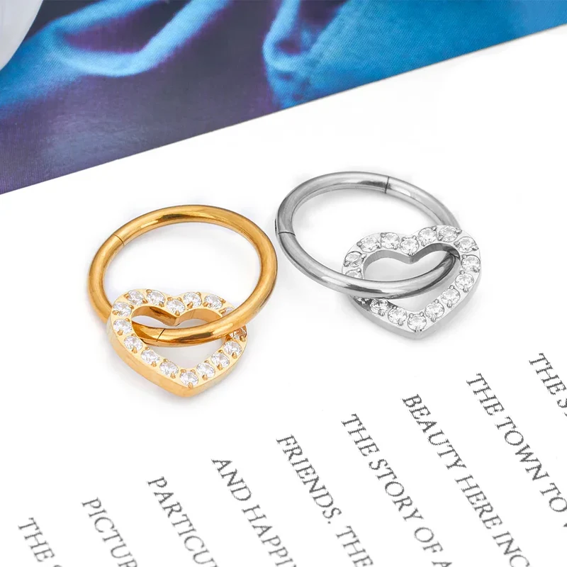 Conch piercing hoop with a heart pendant titanium gold silver 16G 8mm 10mm 12mm