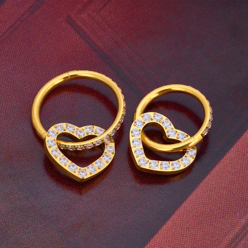 Conch piercing hoop with a heart pendant titanium gold silver 16G 8mm 10mm 12mm