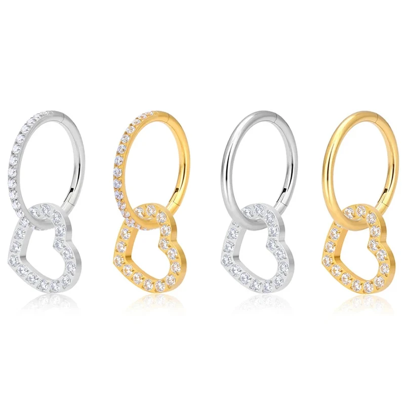 Conch piercing hoop with a heart pendant titanium gold silver 16G 8mm 10mm 12mm