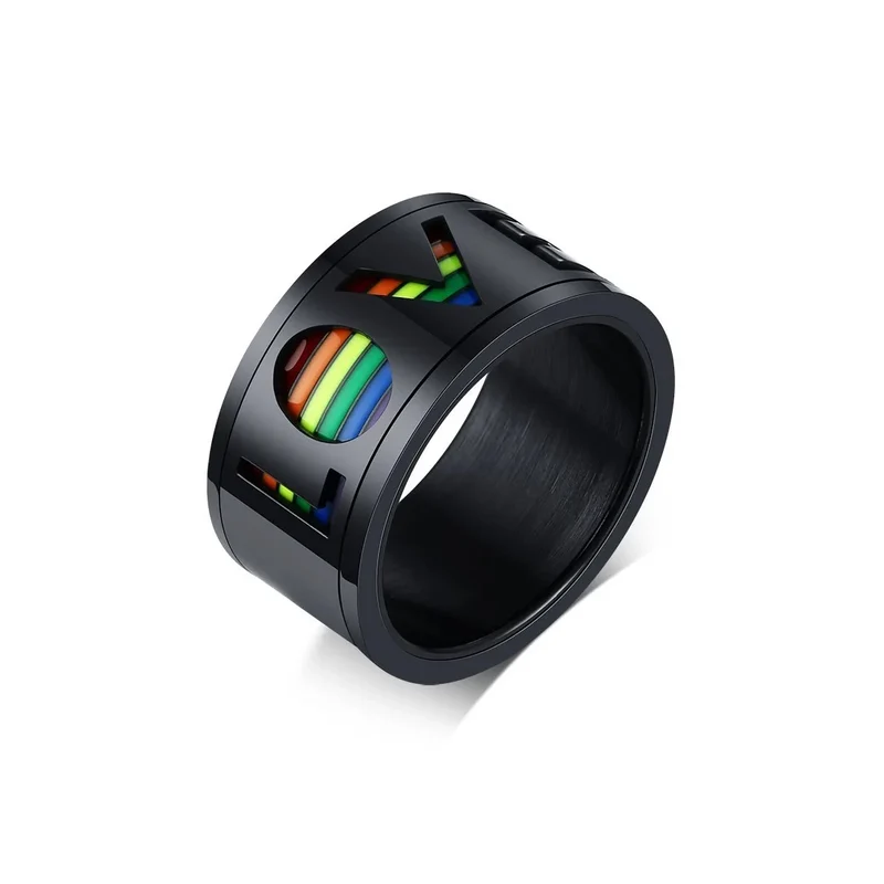 Rainbow anxiety ring LGBTQ stainless steel spinner ring LOVE fidget ring black worry ring