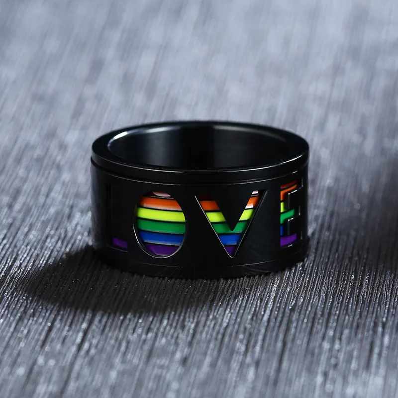 Rainbow anxiety ring LGBTQ stainless steel spinner ring LOVE fidget ring black worry ring