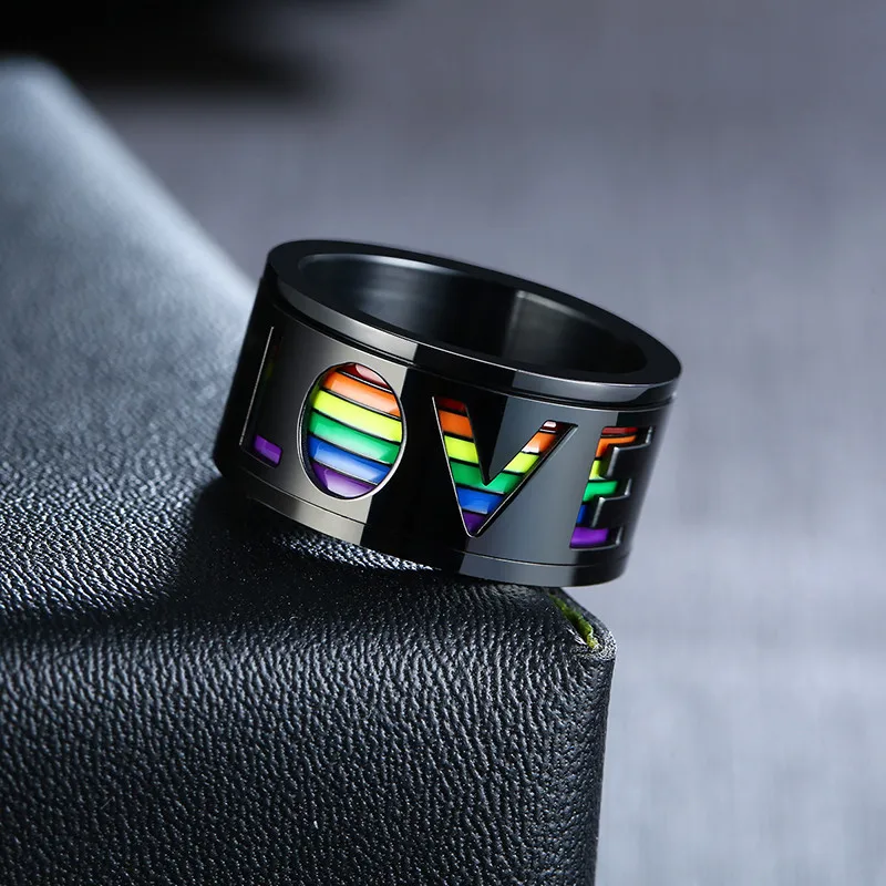 Rainbow anxiety ring LGBTQ stainless steel spinner ring LOVE fidget ring black worry ring