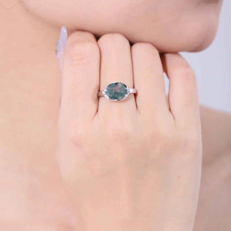 Vintage moss agate ring large stone green moss agate engagement ring silver for women