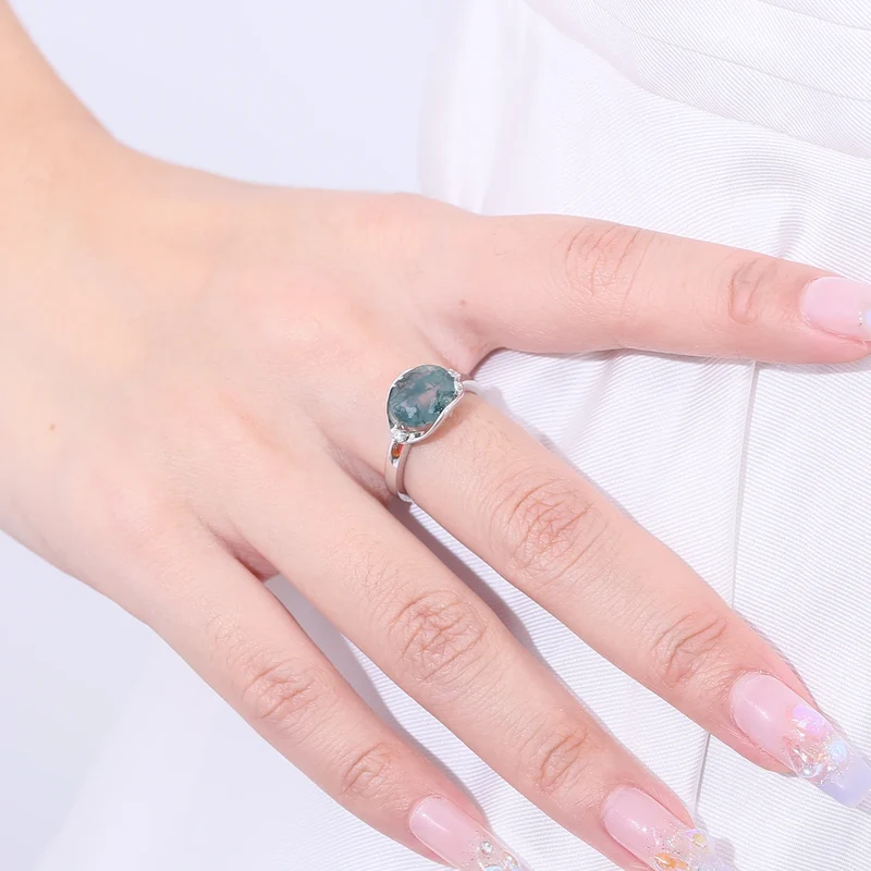 Vintage moss agate ring large stone green moss agate engagement ring silver for women