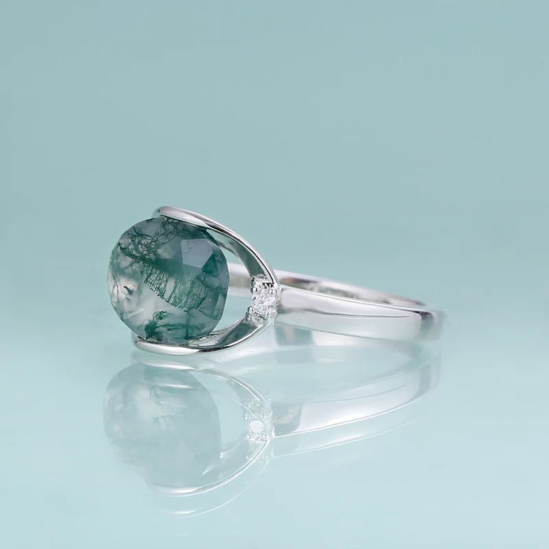 Vintage moss agate ring large stone green moss agate engagement ring silver for women