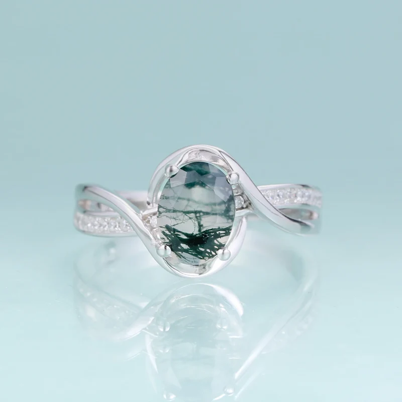 Moss agate and diamond engagement ring sterling silver oval moss agate engagement ring