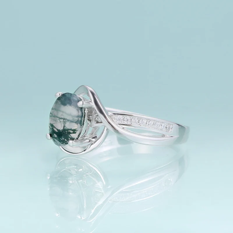 Moss agate and diamond engagement ring sterling silver oval moss agate engagement ring
