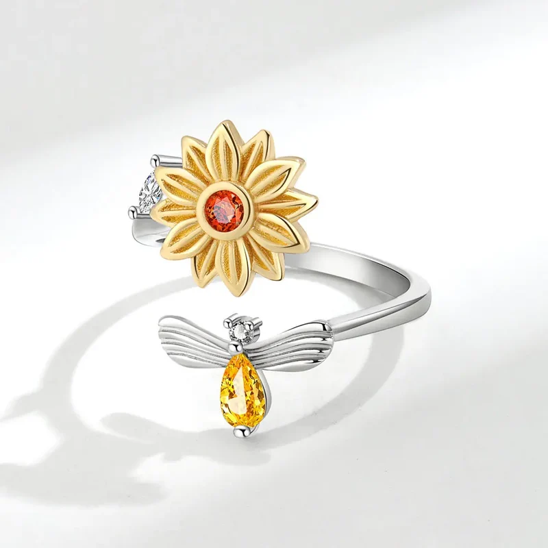 Anxiety spinner ring sunflower and bee sterling silver