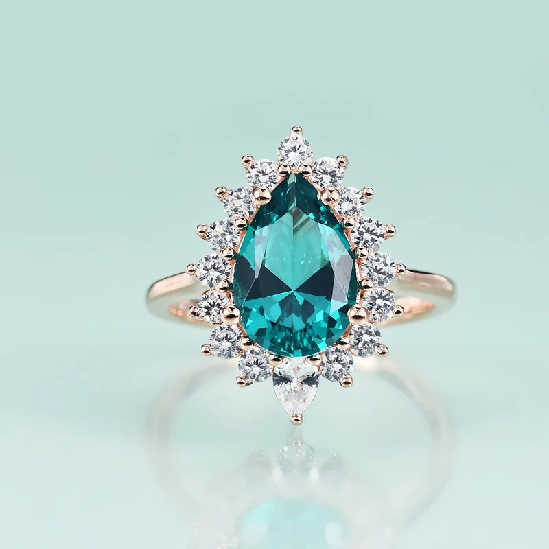 Green emerald engagement ring lab created rose gold teardrop