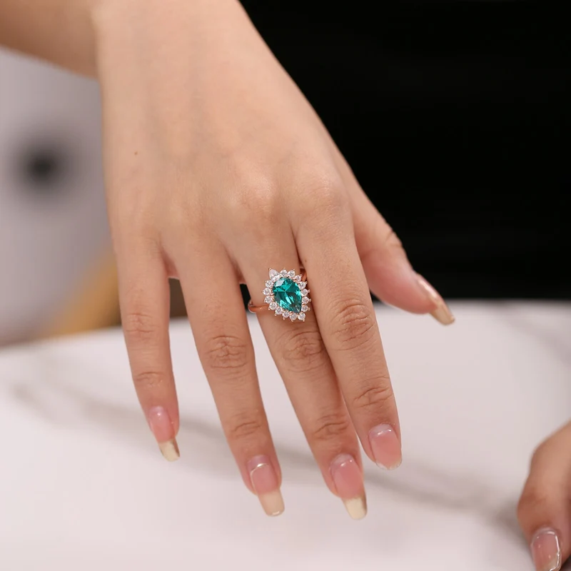 Green emerald engagement ring lab created rose gold teardrop