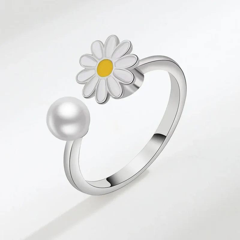 Anxiety ring for women red yellow and white flower sterling silver