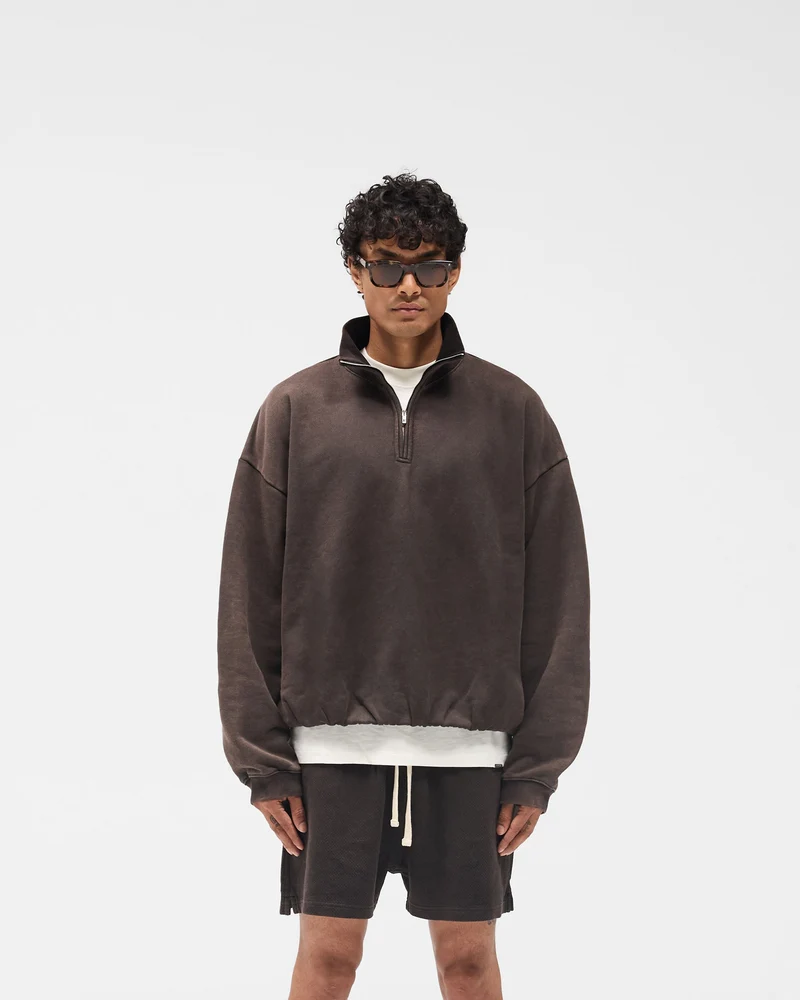 Initial Funnel Neck Quarter Zip Sweatshirt - Coffee