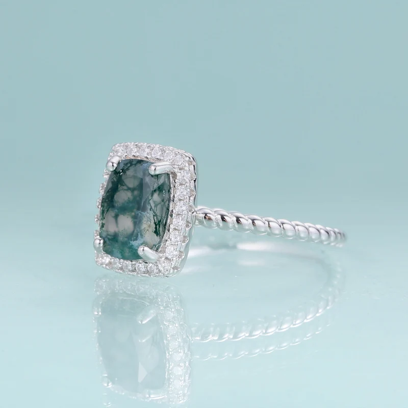 Moss agate engagement ring in silver halo ring rectangle shaped