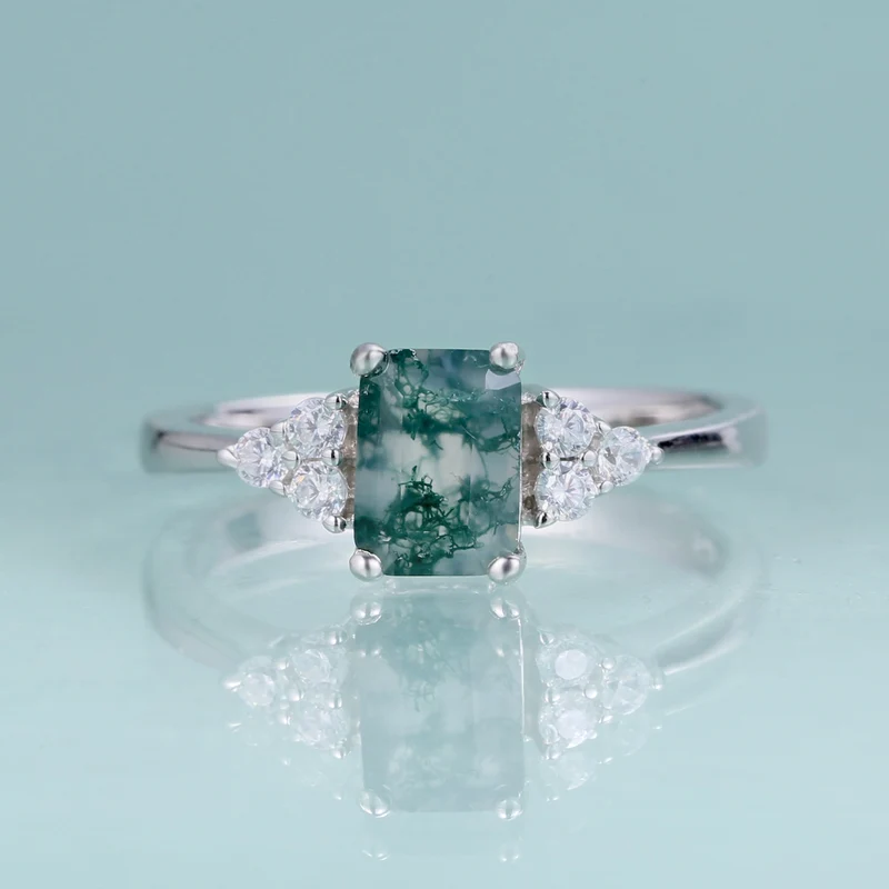 Emerald cut moss agate ring in silver