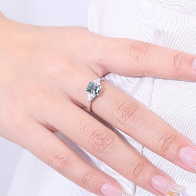 Emerald cut moss agate ring in silver
