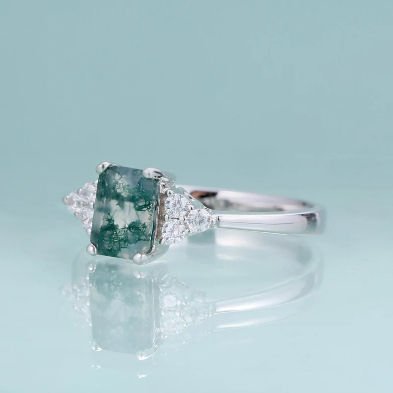 Emerald cut moss agate ring in silver