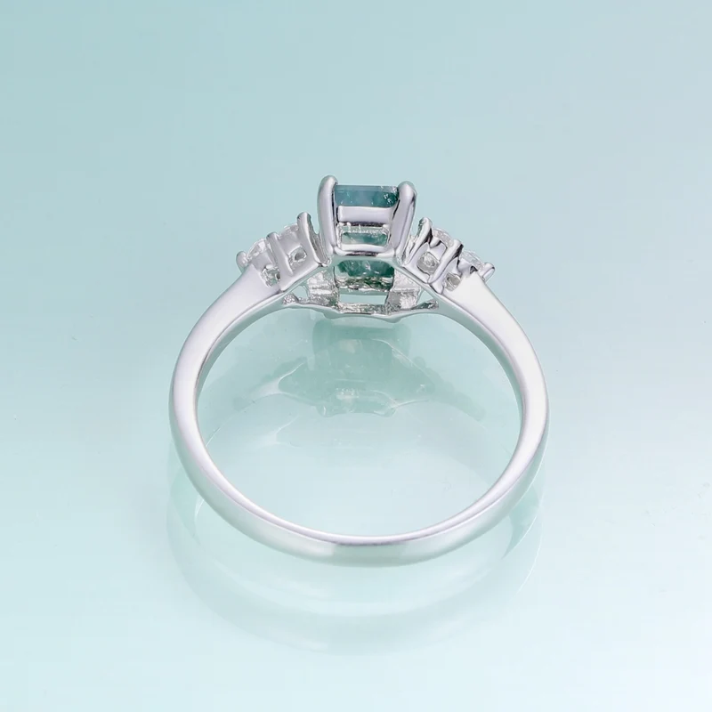 Emerald cut moss agate ring in silver