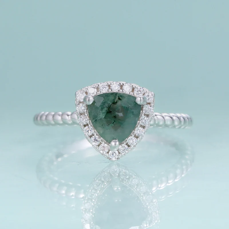 Moss agate ring trillion-cut in 925 sterling silver