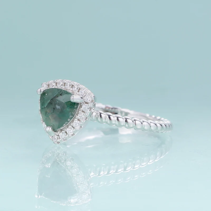 Moss agate ring trillion-cut in 925 sterling silver