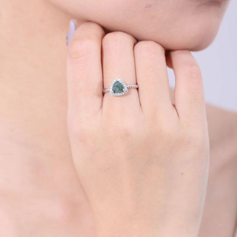 Moss agate ring trillion-cut in 925 sterling silver