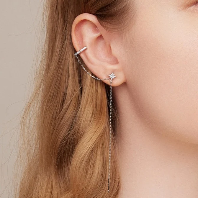 Ear cuff with chain in sterling silver