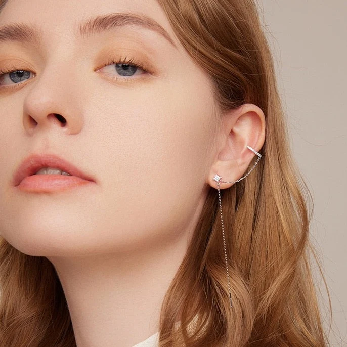 Ear cuff with chain in sterling silver
