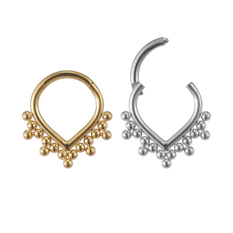 Triangle septum ring with beads implant grade titanium gold