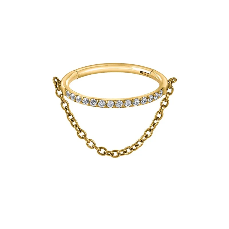 Gold helix hoop with a chain and CZ titanium 16G