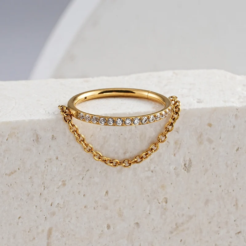 Gold helix hoop with a chain and CZ titanium 16G